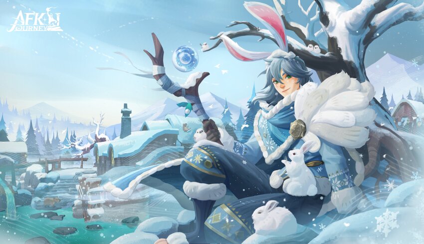 1boy absurdres afk_(series) afk_journey animal_ears animal_feet bare_tree bird black_gloves blue_cape blue_jacket blue_pants blue_sky cape capybara chimney closed_mouth commentary copyright_name day english_commentary flock forest fur-trimmed_cape fur-trimmed_jacket fur-trimmed_sleeves fur_trim gloves green_eyes grey_hair hair_between_eyes hand_up highres holding holding_staff house jacket knee_up lantern long_sleeves looking_at_viewer lorsan_(afk) mage_staff male_focus medium_hair mountain mountainous_horizon nature official_art onsen outdoors pants pine_tree rabbit rabbit_boy rabbit_ears rock scenery sitting sky smile smirk snow snowflake_print snowflakes solo staff stairs steam stone_stairs tree water water_wheel white_rabbit_(animal) wind winter winter_clothes
