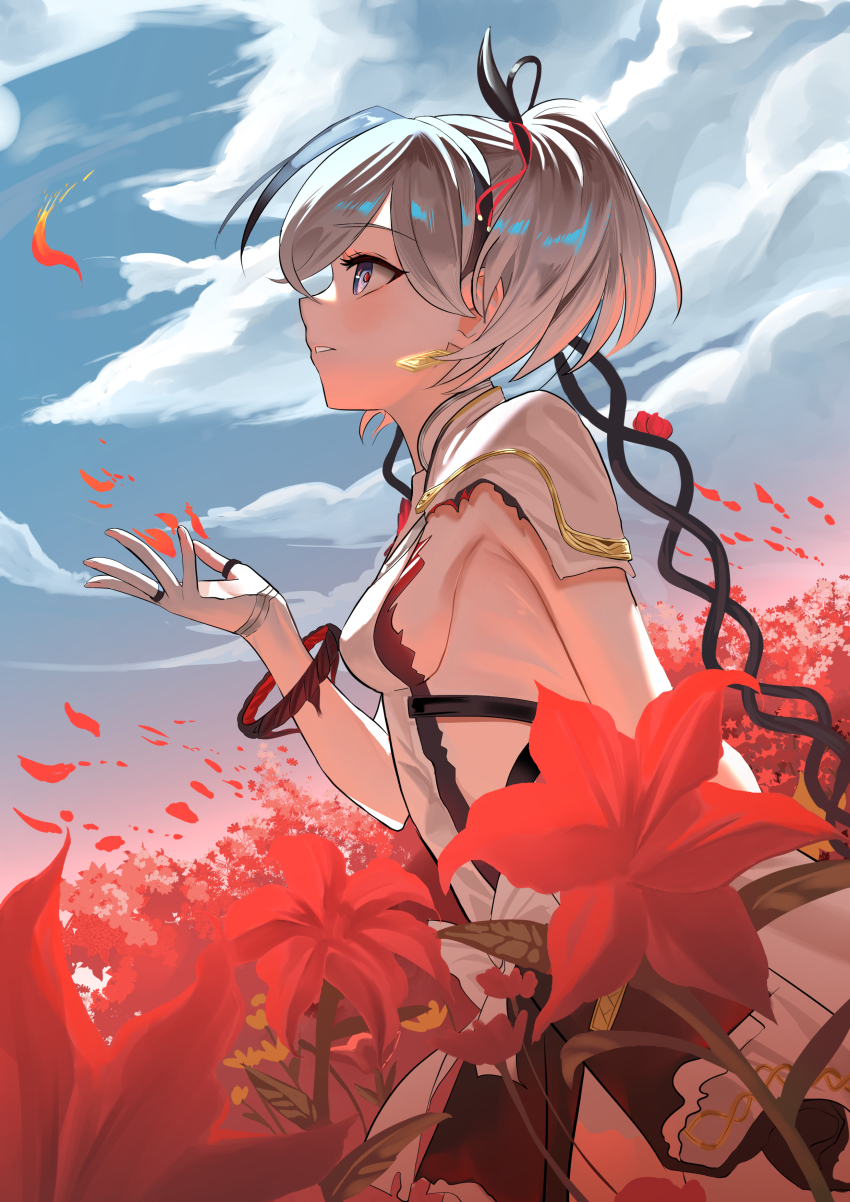 1girl absurdres black_eyes black_ribbon blue_sky breasts camellia camellya_(wuthering_waves) commentary day dress earrings flower from_side gold_earrings hair_ribbon hair_vines hand_up haoma highres jewelry looking_up medium_breasts outdoors parted_lips profile red_pupils ribbon short_hair sideboob sideless_dress sky solo white_dress white_hair wind wuthering_waves