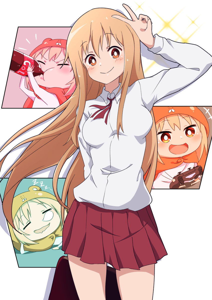 1girl absurdres blonde_hair blush bottle breasts chibi cola doma_umaru drinking hamster_costume highres himouto!_umaru-chan holding holding_bottle hood hood_up long_hair long_sleeves looking_at_viewer medium_breasts nishizuki_shino open_mouth orange_eyes orange_hair orange_hood red_skirt school_uniform shirt skirt sleepy smile solo v v_over_head white_shirt