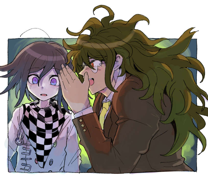 2boys black_hair brown_jacket checkered_clothes checkered_scarf danganronpa_(series) danganronpa_v3:_killing_harmony glasses gokuhara_gonta green_hair hair_between_eyes jacket kumakoro_(tetsupag) long_hair long_sleeves male_focus multiple_boys multiple_girls necktie oma_kokichi open_mouth purple_eyes scarf short_hair very_long_hair whispering_in_ear yellow_necktie