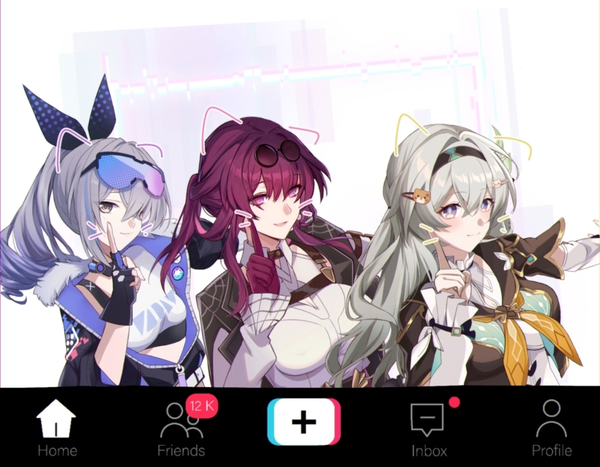 3girls black_gloves black_hairband black_jacket black_sports_bra blue_pupils breasts closed_mouth collared_shirt commentary_request drill_hair drill_ponytail english_text eyewear_on_head fake_screenshot fingerless_gloves firefly_(honkai:_star_rail) fur-trimmed_jacket fur_trim glasses gloves gradient-tinted_eyewear grey_eyes grey_hair hair_ornament hair_over_one_eye hair_ribbon hairband hairclip hand_up highres honkai:_star_rail honkai_(series) hoshino_ruby_dance index_finger_raised jacket kafka_(honkai:_star_rail) large_breasts long_hair long_sleeves looking_at_viewer medium_breasts multicolored_eyes multiple_girls neckerchief orange_neckerchief outstretched_arm parted_lips pince-nez purple-tinted_eyewear purple_eyes purple_gloves purple_hair ribbon round_eyewear saint_laurent_paris shirt silver_wolf_(honkai:_star_rail) single-shoulder_shirt single_drill sleeves_past_wrists smile spider_web_print sports_bra sunglasses tinted_eyewear two-tone_eyes upper_body white_shirt