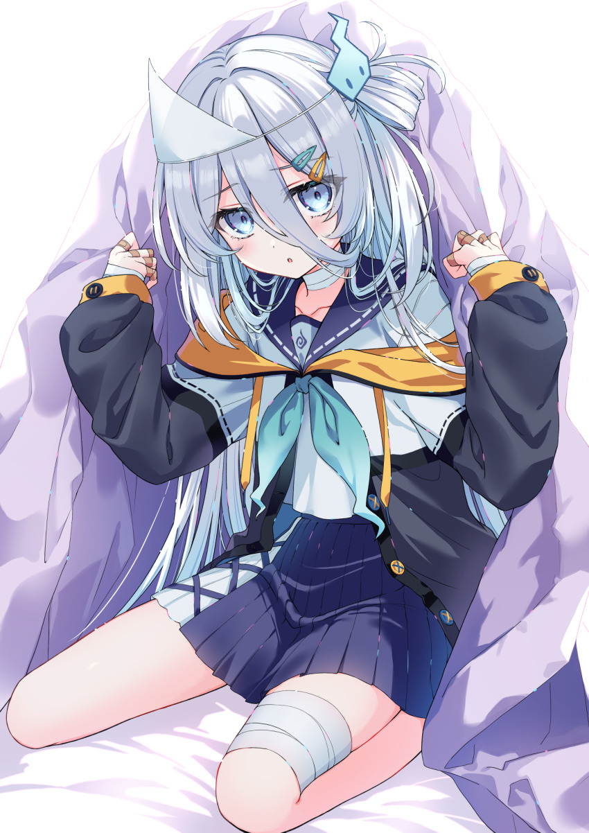 1girl bandaged_fingers bandaged_hand bandaged_leg bandaged_neck bandaged_wrist bandages bandaid bandaid_on_hand bed_sheet blue_neckerchief blue_skirt blush commission ghost_girl ghost_hair_ornament grey_eyes grey_hair hair_between_eyes hair_ornament hairclip highres long_hair long_sleeves looking_at_viewer neckerchief nikyuppa sailor_collar school_uniform shirt simple_background sitting skeb_commission skirt solo suzutuki_sui triangular_headpiece varium virtual_youtuber wariza white_background white_shirt
