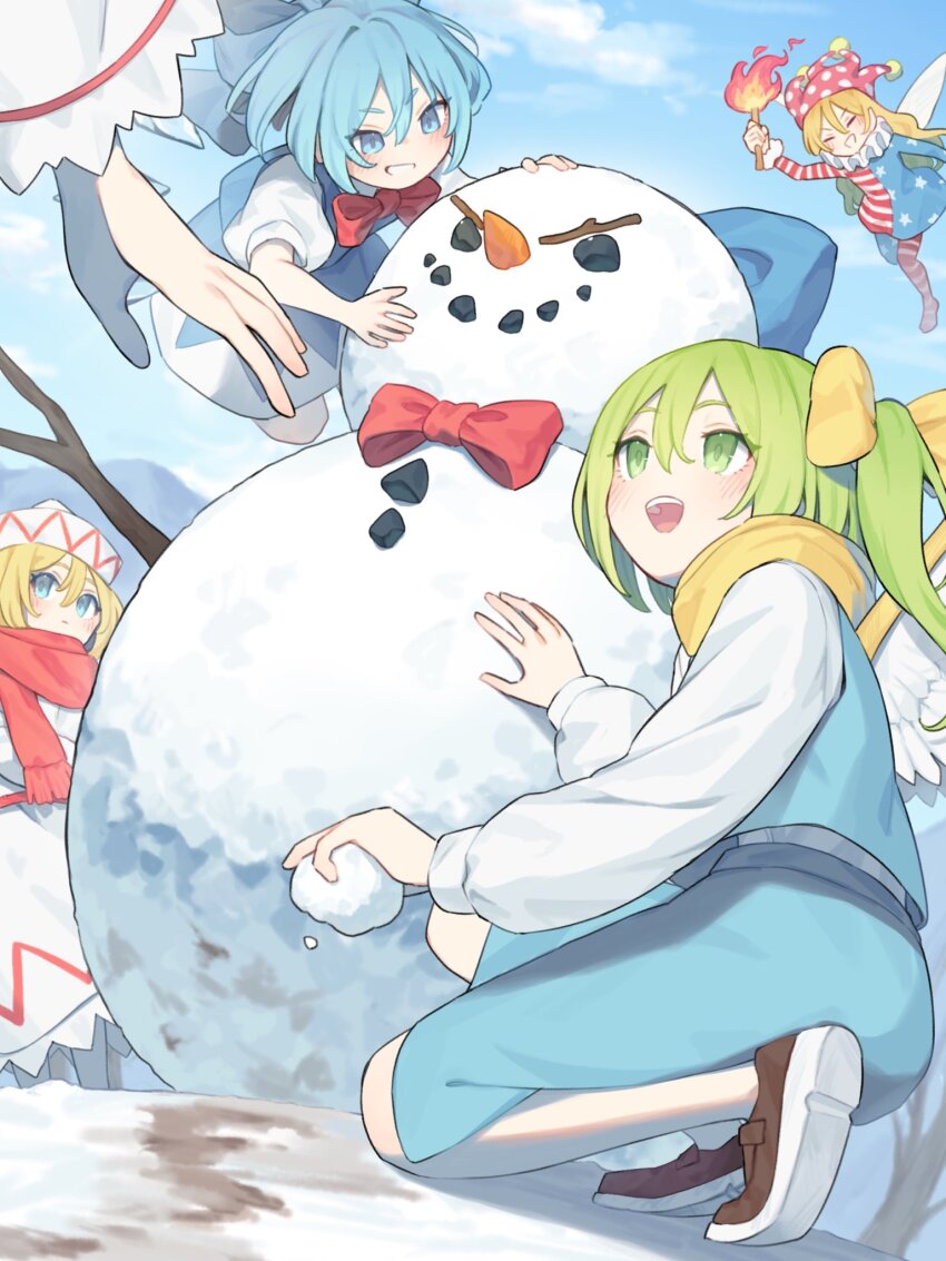 5girls :d american_flag_dress aqua_bow aqua_eyes aqua_hair aqua_skirt aqua_vest blonde_hair blue_dress blue_sky bow bowtie carrot cirno cloud clownpiece commentary daiyousei day dress fairy_wings garasuno green_eyes green_hair grin hair_bow hat highres holding holding_snowball jester_cap kneeling lily_white long_hair long_sleeves multiple_girls neck_ruff one_side_up open_mouth outdoors pantyhose puffy_short_sleeves puffy_sleeves red_bow red_bowtie red_scarf scarf shirt shoes short_hair short_sleeves skirt sky smile snow snowball snowman sunny_milk teeth touhou upper_teeth_only v-shaped_eyebrows white_hat white_shirt wings yellow_scarf
