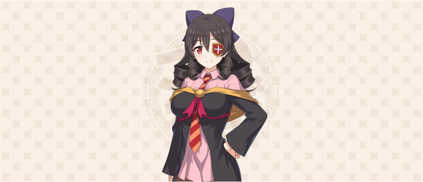 1girl arue_(konosuba) black_robe bow breasts brown_hair closed_mouth collared_dress cowboy_shot diagonal-striped_clothes diagonal-striped_necktie dress drill_hair drill_sidelocks eyepatch game_cg hair_between_eyes hair_bow hand_on_own_hip highres kono_subarashii_sekai_ni_shukufuku_wo! konosuba!_fantastic_days large_bow large_breasts light_blush long_hair looking_at_viewer necktie off_shoulder official_art orange_necktie patterned_background pink_dress purple_bow red_eyes red_necktie red_prison_magic_school_uniform robe school_uniform short_dress sidelocks smile solo standing striped_clothes tachi-e two-tone_necktie