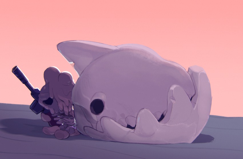 gradient_background gun justinchans melting_(nuclear_throne) nuclear_throne official_art sitting skeleton skull solo weapon