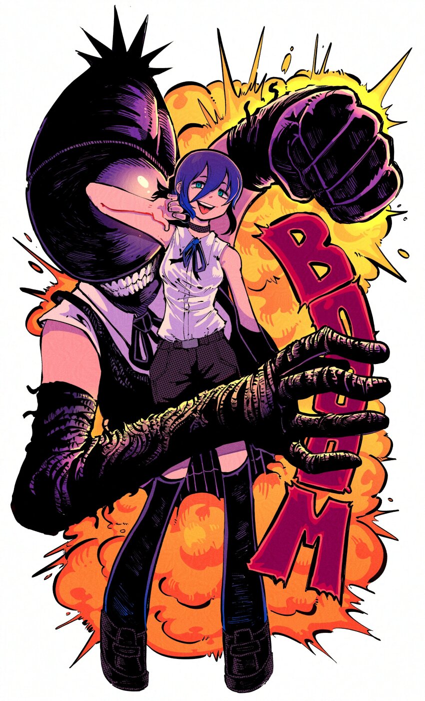 1girl absurdres alternate_form apron black_apron black_choker black_ribbon black_shoes black_thighhighs bomb bomb_devil_(chainsaw_man) chainsaw_man choker dynamite english_text explosion explosion_background explosive full_body green_eyes grenade_pin hair_bun highres imminent_explosion incoming_attack incoming_punch loafers neck_ribbon object_head punching reze_(chainsaw_man) ribbon shirt shirt_tucked_in shoes single_hair_bun sleeveless sleeveless_shirt smile standing teeth thighhighs vakodraws white_background