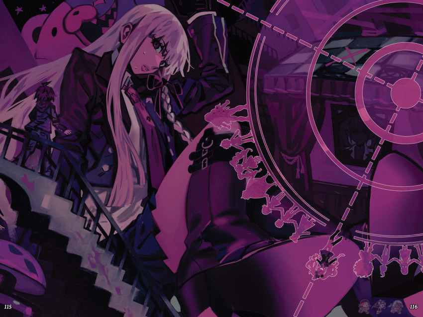 ahoge asahina_aoi azolitmin boots braid celestia_ludenberg chibi chibi_inset crown danganronpa:_trigger_happy_havoc danganronpa_(series) danganronpa_2:_goodbye_despair danganronpa_v3:_killing_harmony drill_hair enoshima_junko eyelashes fujisaki_chihiro fukawa_toko hagakure_yasuhiro hand_on_own_hip highres ishimaru_kiyotaka jacket kirigiri_kyoko kuwata_leon lips long_hair long_sleeves mioda_ibuki monokuma naegi_makoto necktie non-web_source ogami_sakura open_clothes open_jacket open_mouth outline owada_mondo page_number pants picture_frame purple_theme sharp_teeth shirt short_hair side_braid single_braid skirt smile soda_kazuichi solo_focus spiked_hair stairs standing sweat teeth togami_byakuya twin_drills twintails white_outline yamada_hifumi yonaga_angie