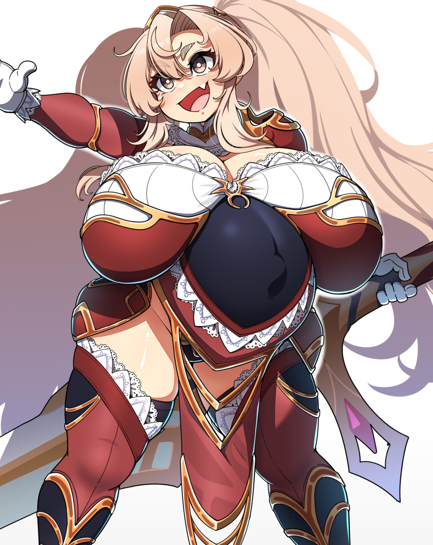 1girl armor big_belly big_hair blonde_hair blush bra breasts breasts_apart brown_eyes cowboy_shot curvy detached_collar dwarf dwarf_princess_(konoshige) fang gloves hair_between_eyes hair_intakes hair_ornament highres huge_breasts huge_sword huge_weapon konoshige_(ryuun) lace lace-trimmed_bra lace-trimmed_gloves lace-trimmed_legwear lace_trim long_hair open_mouth original outie_navel panties pelvic_curtain pregnant shiny_clothes shiny_skin shortstack sidelocks skindentation smile solo standing sword thick_eyebrows thick_thighs thighhighs thighs twintails underwear very_long_hair weapon wide_sleeves