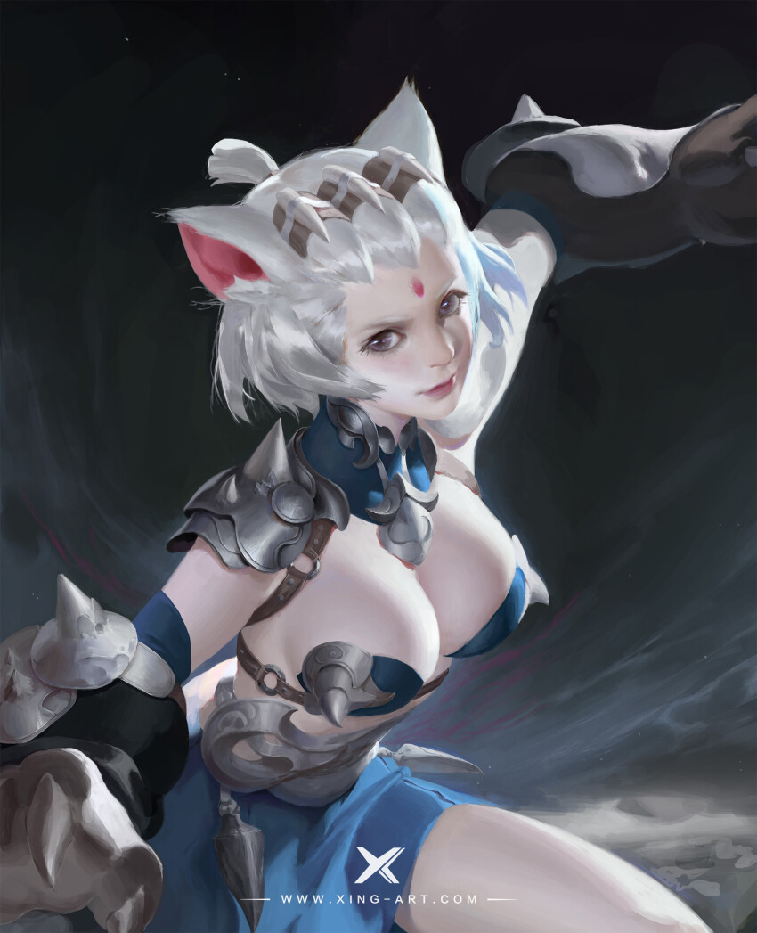 1girl absurdres animal_ear_fluff animal_ears animal_hands armor artist_name black_arm_warmers black_background blue_bra blue_skirt bra bracer breasts brown_eyes brown_gloves cat_ears character_request chinese_commentary claws closed_mouth commentary_request copyright_request cowboy_shot eyelashes facial_mark faulds fighting_stance forehead forehead_mark gloves headpiece highres large_breasts lipstick looking_at_viewer makeup miniskirt paw_gloves pink_lips ponytail realistic short_ponytail skirt smile smoke solo spiked_bra spiked_pauldrons starlab thick_eyebrows underwear watermark