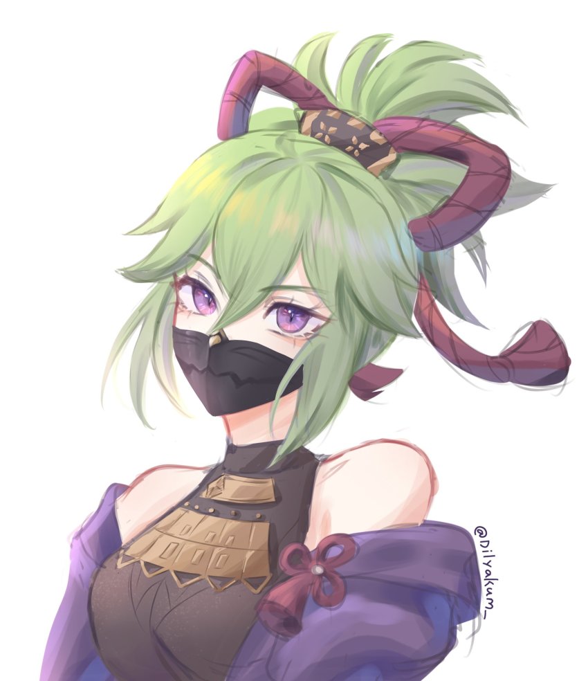 1girl black_mask breasts dilyakum genshin_impact green_hair hair_ornament highres hood hoodie imminent_hit jacket kuki_shinobu looking_at_viewer mask mouth_mask ninja_mask ponytail purple_eyes purple_hoodie purple_jacket solo
