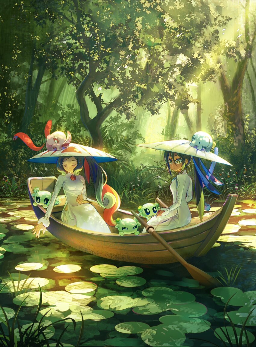 2girls animal animal_on_head asagi_futsuka boat closed_eyes con_(fate) elephant fate/grand_order fate_(series) forest green_hair highres ichimegasa lily_pad long_hair multiple_girls nature oar on_head ponytail sitting trung_nhi_(fate) trung_trac_(fate) watercraft yellow_eyes