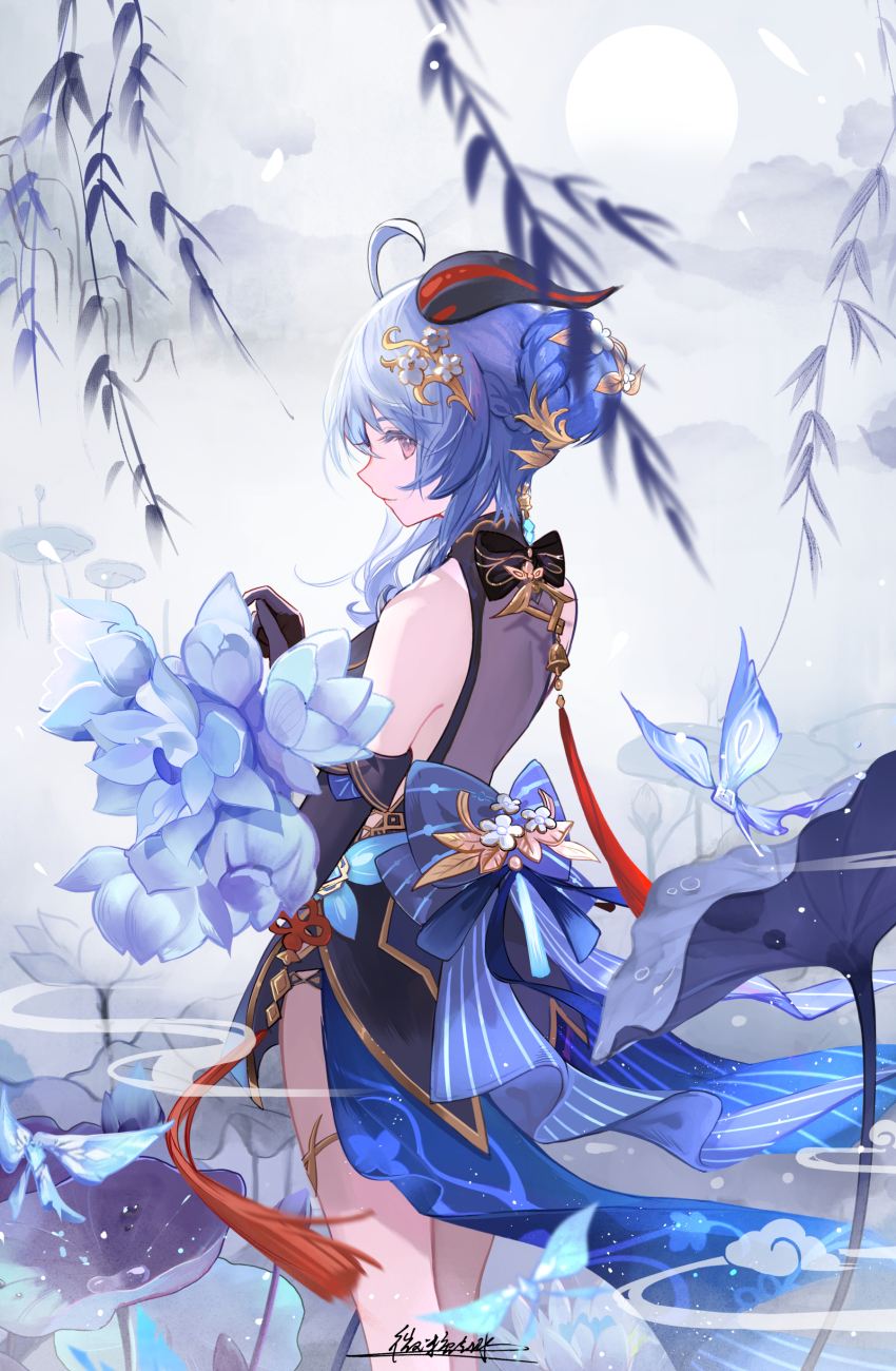 1girl absurdres ahoge back_bow bare_shoulders black_bow black_dress black_gloves blue_bow blue_dress blue_flower blue_hair blurry blurry_foreground bow braid braided_bun bud chinese_clothes chinese_commentary closed_mouth crystalfly_(genshin_impact) dress egasumi elbow_gloves falling_petals flower flower_knot flower_request fog from_side full_moon ganyu_(genshin_impact) ganyu_(twilight_blossom)_(genshin_impact) genshin_impact gloves goat_horns gold_trim gradient_eyes hair_bun hair_flower hair_ornament hand_up highres holding holding_flower horns issign jewelry leaf long_hair looking_at_viewer looking_to_the_side lotus lotus_leaf moon multicolored_dress multicolored_eyes official_alternate_costume official_alternate_hairstyle outdoors petals profile purple_eyes qingxin_flower sideways_glance signature single_hair_bun sleeveless sleeveless_dress smile solo standing striped_clothes tassel thighlet thighs water_drop willow