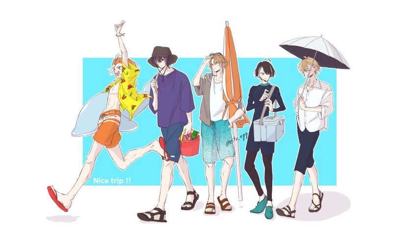 18trip 5boys absurdres adjusting_eyewear arm_up bag beach_umbrella black_hair black_leggings blonde_hair blue_eyes blue_pants blue_shorts border bracelet brown_eyes brown_hat brown_shirt bucket_hat capri_pants carrying_bag closed_eyes collared_shirt commentary compression_shirt cooler copyright_name dolphin drawstring dress_shirt eitr_egg eyewear_on_head flip-flops floral_print green_footwear hair_over_one_eye hair_up hand_in_pocket hand_up hat highres holding holding_umbrella inflatable_dolphin inflatable_toy isotake_akuta jewelry kaguya_muneuji kinugawa_kiroku kurama_ushio leggings long_sleeves looking_at_another male_swimwear multicolored_hair multiple_boys nanamegi_nanaki necklace one-piece_swimsuit one_eye_covered open_clothes open_collar open_shirt orange_hair orange_male_swimwear orange_one-piece_swimsuit pants patterned_clothing purple_shirt rectangle red_footwear sandals shadow shirt shoes shorts simple_background streaked_hair summer sunglasses sweat sweatdrop swim_trunks swimsuit t-shirt twitter_username umbrella v white_border white_shirt white_umbrella wide_brim wide_sleeves yellow_shirt