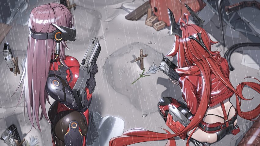 2girls alternate_form armor ass assault_rifle bodysuit breasts from_above from_behind gloves goddess_of_victory:_nikke grave gun headgear horns jacket kneeling long_hair mass-produced_nikke multiple_girls pants piyo_(piyo8415) purple_hair rain rapi_(mass-produced_nikke)_(nikke) rapi_(nikke) red_hair red_hood_(nikke) red_scarf rifle scarf very_long_hair weapon