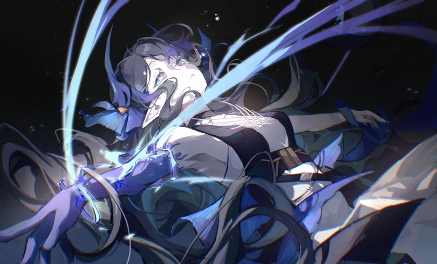 1girl arknights armpits belt black_dress black_hair blue_eyes blue_gloves chinese_commentary commentary_request crying crying_with_eyes_open dress elbow_gloves floating_hair floating_tears gloves highmore_(arknights) highres long_hair open_mouth outstretched_arms pointy_ears shieryue164 single_elbow_glove sleeveless sleeveless_dress solo spotlight tears two-tone_dress very_long_hair white_dress