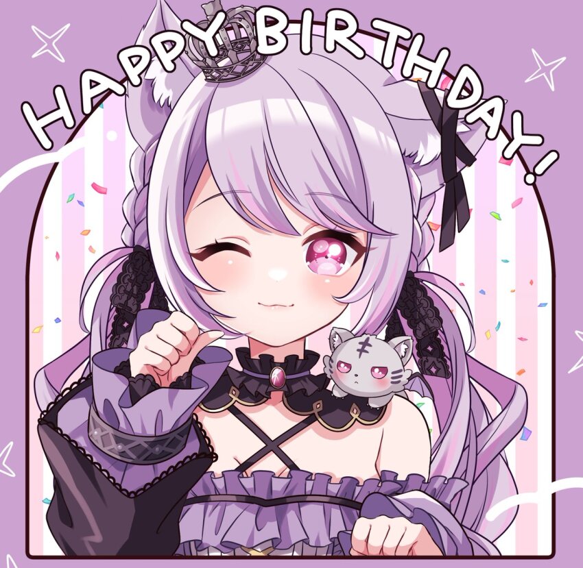 1girl :3 animal_ears black_bow black_collar black_ribbon black_sleeves blush bow breasts cat_ears cleavage closed_mouth collar commentary_request confetti criss-cross_halter crown detached_collar detached_sleeves ear_ribbon hair_bow halterneck happy_birthday ina_uruu kino_haruc long_hair looking_at_viewer low_twintails medium_breasts mini_crown multicolored_hair nanashi_inc. one_eye_closed paw_pose pink_eyes pink_hair purple_background purple_hair red_brooch ribbon smile solo striped_background twintails two-tone_hair upper_body virtual_youtuber