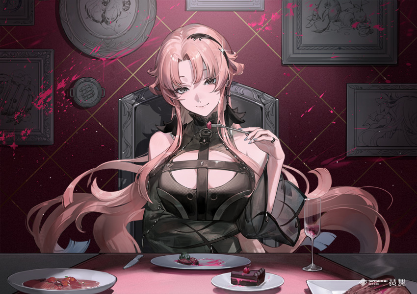 1girl alcohol arm_under_breasts bema_(sinsekai) bokyo breast_strap breasts brown_hair cake cake_slice champagne_flute character_name chocolate_cake closed_mouth commentary_request copyright_name cup drinking_glass earrings food fork grey_hair grey_nails hair_ornament heterochromia holding holding_fork indoors jewelry kamitsubaki_studio knife long_hair meat medium_breasts nail_polish official_art parted_bangs picture_frame pink_hair pov_across_table red_wine ring second-party_source sinsekai_record solo table upper_body very_long_hair virtual_youtuber wine