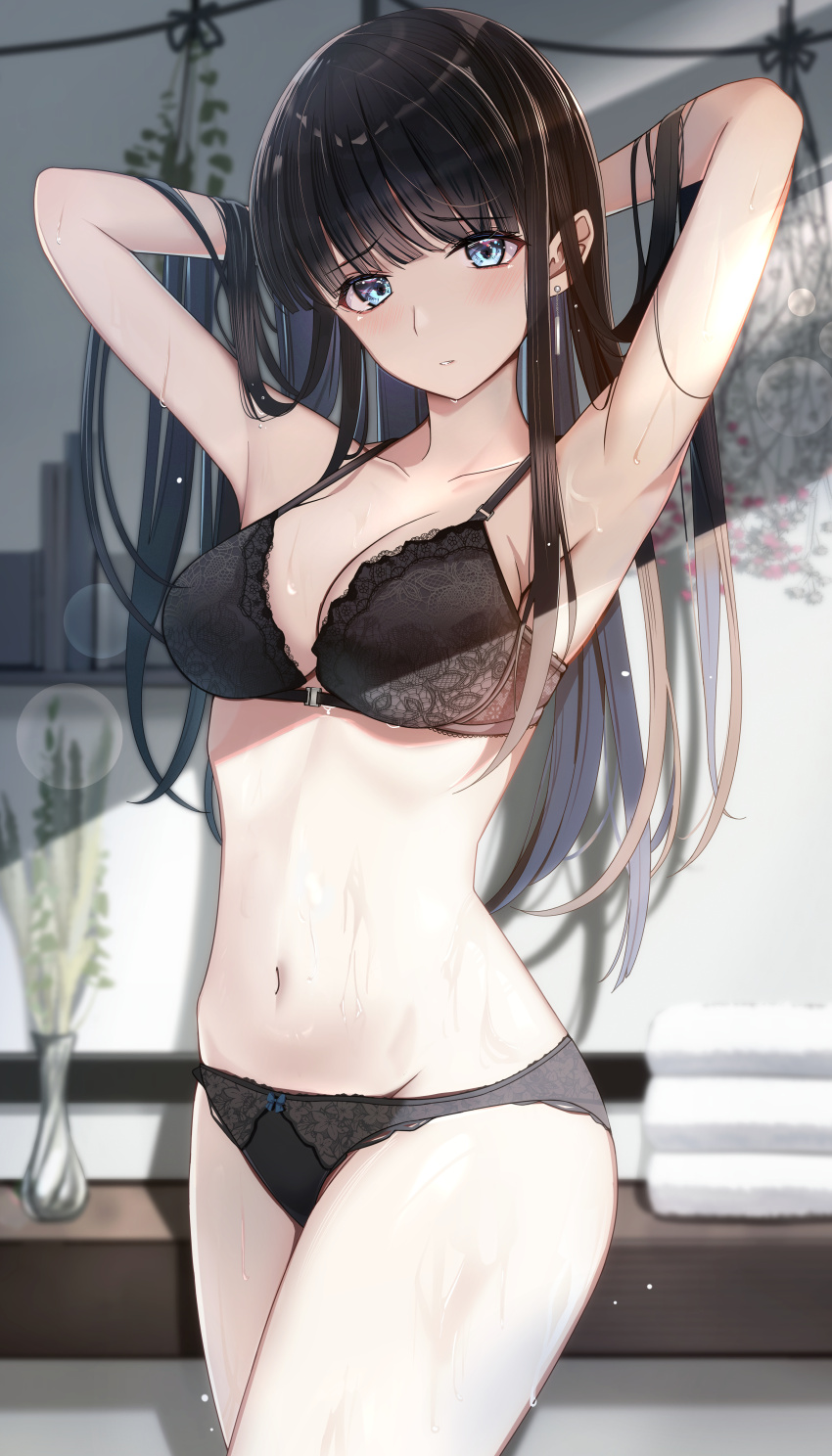1girl absurdres adjusting_hair armpits arms_behind_head black_bra black_hair black_panties blue_eyes blunt_bangs blurry blurry_background bookshelf bra closed_mouth highres hime_cut long_hair looking_at_viewer navel panties sikimosh solo straight_hair touma_kazusa towel underwear underwear_only vase wet white_album_(series) white_album_2