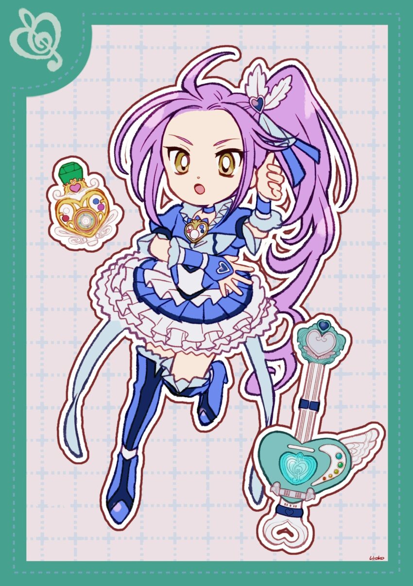 1girl aqua_border blue_arm_warmers blue_boots blue_bow blue_bowtie blue_choker blue_flower blue_rose blue_shirt blue_skirt boots border bow bowtie brooch choker circle_skirt cure_beat deformed determined dot_nose dotted_line electric_guitar eyelashes feather_hair_ornament feathers flower forehead frilled_arm_warmers frilled_footwear frilled_shirt frilled_skirt frilled_sleeves frills grey_background grid_background guitar hair_ornament hair_ribbon heart heart_brooch heart_hair_ornament high_heel_boots high_heels high_ponytail highres instrument jewelry kurokawa_eren leg_up long_hair magical_girl open_mouth outline petticoat ponytail precure puffy_short_sleeves puffy_sleeves purple_hair ribbon rose shirt short_sleeves sidelocks signature skirt solo suite_precure thigh_boots tsurime two-tone_skirt uwded_207 very_long_hair white_outline white_skirt yellow_eyes