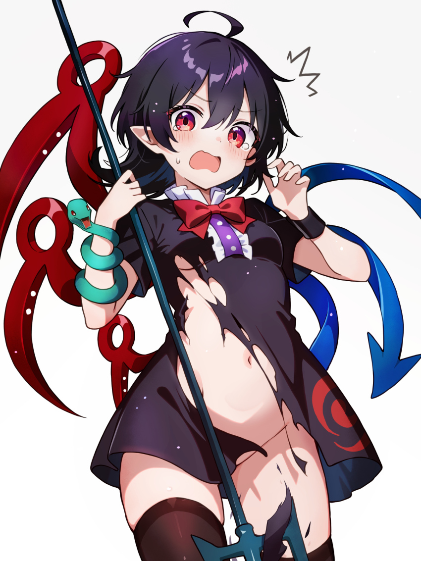 1girl ahoge asymmetrical_wings black_dress black_hair black_thighhighs blue_wings blush bow bowtie breasts chikuzen1996 crying dress embarrassed groin highres holding holding_weapon houjuu_nue medium_hair navel no_panties open_mouth polearm red_bow red_eyes red_wings simple_background small_breasts solo standing sweatdrop thighhighs torn_clothes torn_dress touhou trident weapon white_background wings