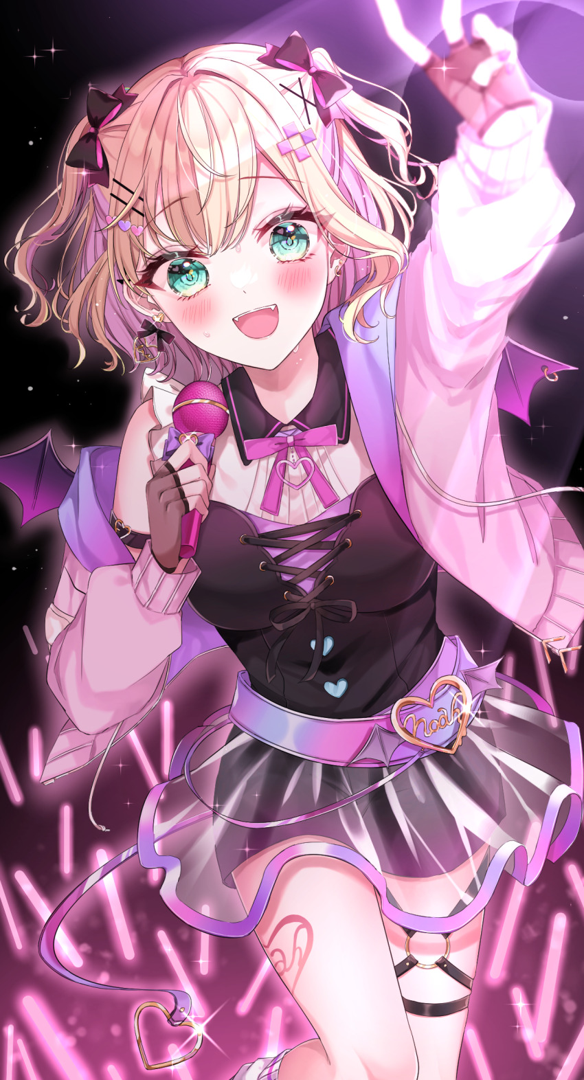 1girl arm_strap belt bike_shorts black_bustier blonde_hair bow bustier earrings feet_out_of_frame fingerless_gloves gloves green_eyes hair_bow hair_ornament hairpin highres holding holding_microphone jacket jewelry kurumi_noah kurumi_noah_(3rd_costume) lightstick microphone multiple_hairpins o-ring o-ring_thigh_strap open_mouth pink_belt pink_jacket purple_hair see-through_clothes see-through_skirt shain shirt single_bare_shoulder single_earring single_off_shoulder skirt sleeveless sleeveless_shirt solo thigh_strap two_side_up v virtual_youtuber vspo! x_hair_ornament