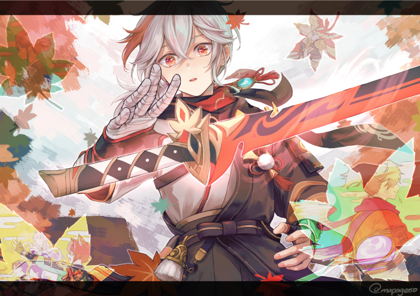 1boy aether_(genshin_impact) armor bandaged_hand bandages black_gloves braid crossed_bangs fingerless_gloves genshin_impact gloves gorou_(genshin_impact) hair_between_eyes highres japanese_armor japanese_clothes kaedehara_kazuha kazuha&#039;s_friend_(genshin_impact) leaf letterboxed long_hair male_focus mapogeso multicolored_hair parted_lips ponytail red_eyes red_hair sangonomiya_kokomi single_braid solo_focus streaked_hair sword tassel twitter_username vision_(genshin_impact) weapon white_hair