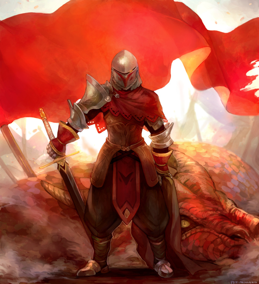 1other akaneko_(redakanekocat) armor artist_name bag baggy_pants breastplate capelet commentary_request dragon faulds glowing glowing_eyes helmet highres holding holding_bag holding_sword holding_weapon pants pauldrons pixiv_fantasia pixiv_fantasia_t red_capelet red_flag shoulder_armor single_pauldron solo sword weapon