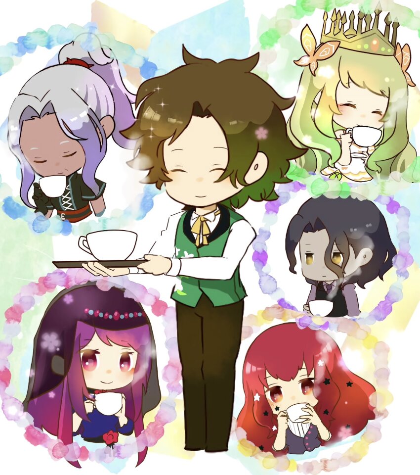 2boys 4girls celine_(fire_emblem) cup dark-skinned_male dark_skin fire_emblem fire_emblem_engage gradient_hair h_u_sss high_ponytail highres ivy_(fire_emblem) louis_(fire_emblem) multicolored_hair multiple_boys multiple_girls nintendo ponytail purple_eyes red_eyes saphir_(fire_emblem) teacup yellow_eyes yunaka_(fire_emblem) zelkov_(fire_emblem)