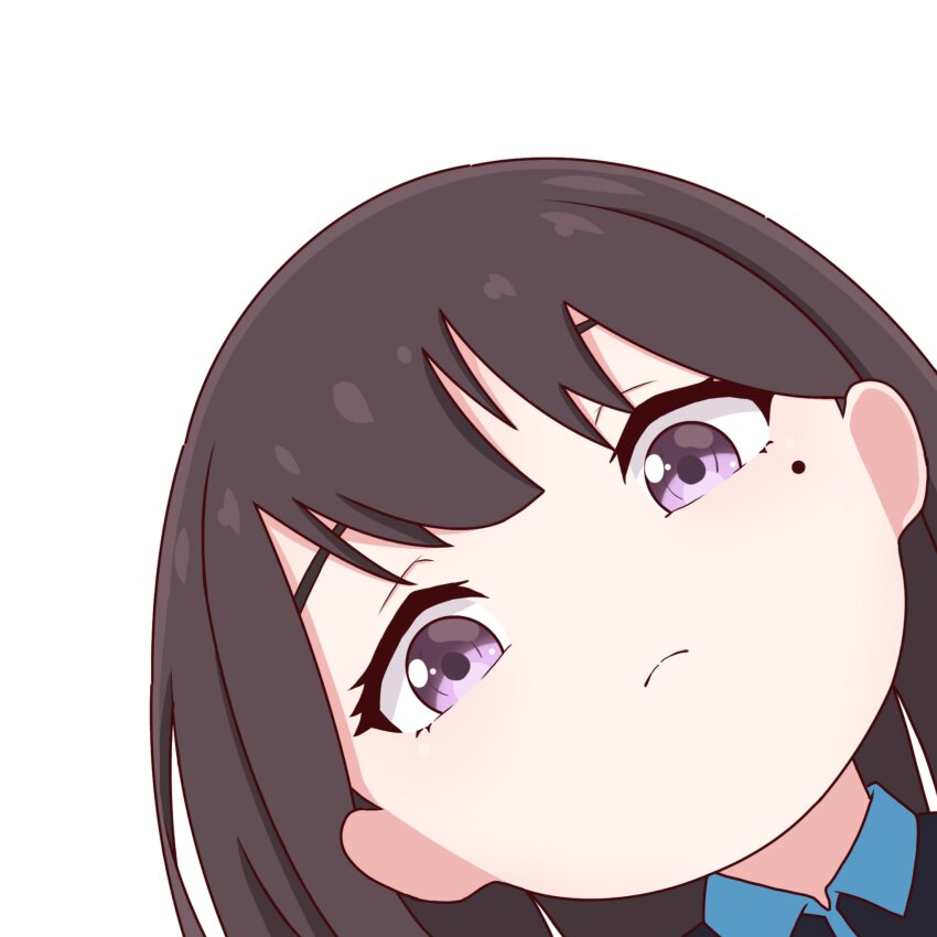 1girl a_whydc bang_dream! bang_dream!_it&#039;s_mygo!!!!! black_shirt brown_hair chibi chibi_only closed_mouth collared_shirt commentary english_commentary highres kotori_photobomb long_hair looking_at_viewer mole mole_under_eye purple_eyes shiina_taki shirt simple_background solo white_background