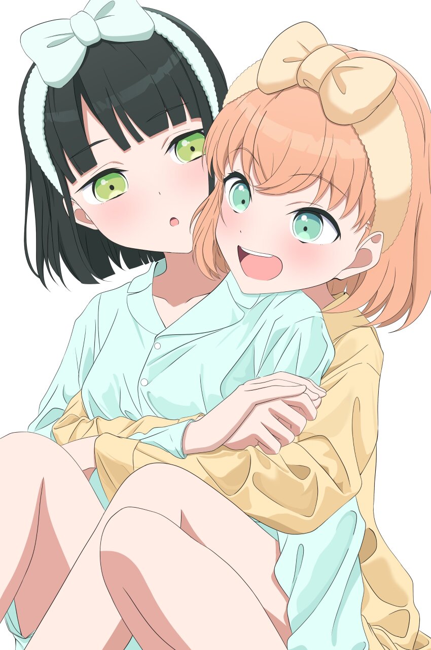 2girls :d :o absurdres aqua_eyes black_hair blue_hairband blue_shirt blunt_bangs blunt_ends blush bob_cut bow_hairband breasts cerise_bouquet commentary green_eyes hairband highres hinoshita_kaho hug hug_from_behind link!_like!_love_live! looking_at_another love_live! medium_breasts medium_hair momose_ginko morio_(mmorio_mu) multiple_girls open_mouth orange_hair parted_lips shirt short_hair simple_background sitting smile teeth upper_teeth_only virtual_youtuber white_background yellow_shirt yuri