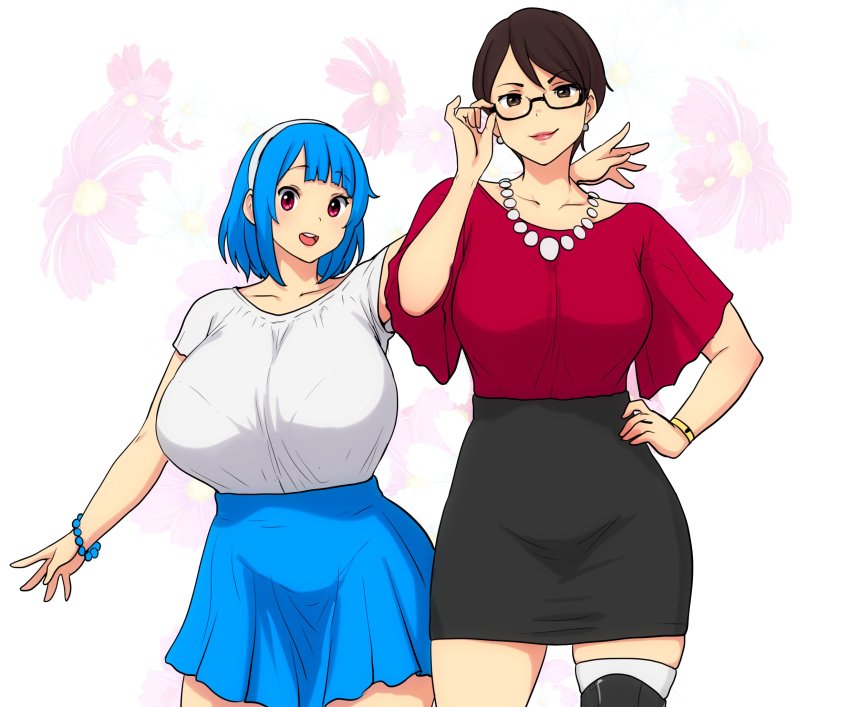 2girls ayumi_(erkaz) black-framed_eyewear black_hair black_skirt blue_hair blue_skirt bra_visible_through_clothes bracelet breasts cowboy_shot erkaz hairband hand_on_own_hip height_difference highres huge_breasts jewelry large_breasts medium_hair multiple_girls necklace original pleated_skirt red_shirt rina_atherina shirt shirt_tucked_in short_hair short_sleeves skirt white_hairband white_shirt