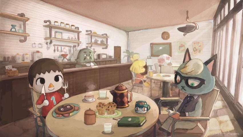 1girl 3boys amano_sizuku artist_name bird book brewster_(animal_crossing) brown_hair cat clock cup dog dom_(animal_crossing) animal_crossing easel food fork glasses heterochromia indoors isabelle_(animal_crossing) knife lamp muffin mug multiple_boys nintendo pancake raymond_(animal_crossing) red_shirt restaurant scenery sheep shelf shirt sitting steam villager_(animal_crossing)