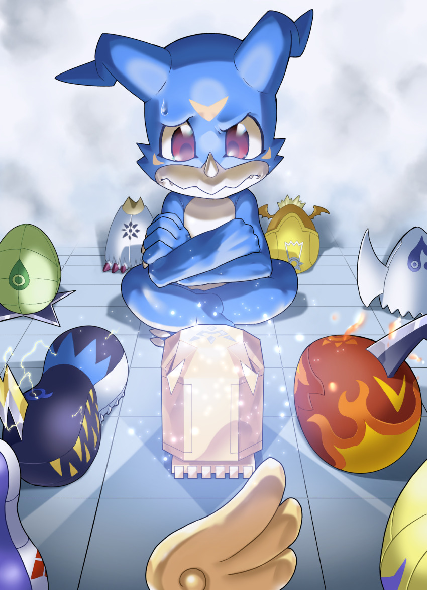 crossed_arms digimental digimental_of_courage digimental_of_fate digimental_of_friendship digimental_of_hope digimental_of_kindness digimental_of_knowledge digimental_of_light digimental_of_love digimental_of_miracles digimental_of_purity digimon digimon_(creature) highres red_eyes solo sweat tail v-mon
