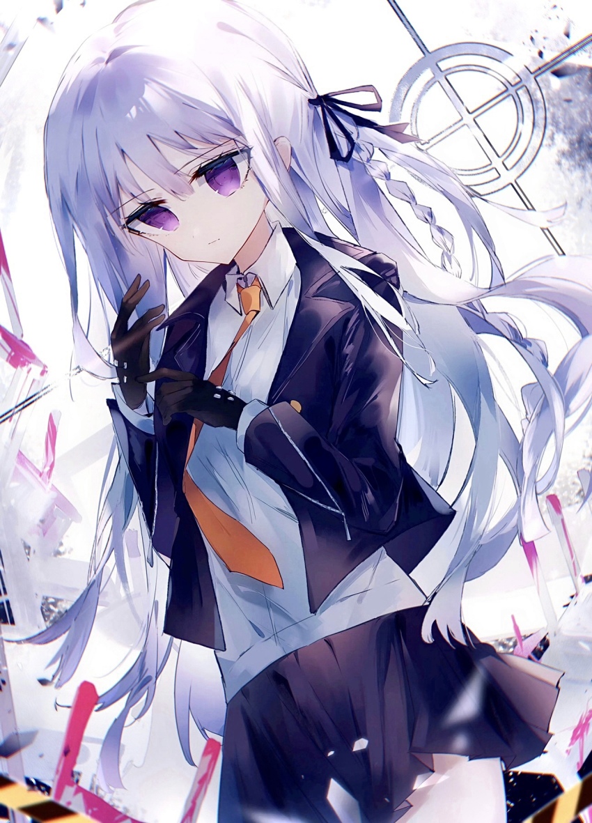1girl black_gloves black_ribbon blood blood_drip braid caution_tape closed_mouth collared_jacket collared_shirt commentary_request cowboy_shot crosshair danganronpa:_trigger_happy_havoc danganronpa_(series) dot_nose empty_eyes expressionless eyelashes gloves hair_between_eyes hair_ribbon highres jacket kirigiri_kyoko lapels layered_sleeves light_frown long_hair long_sleeves looking_at_viewer miniskirt necktie notched_lapels open_clothes open_jacket orange_necktie pink_blood pleated_skirt purple_eyes purple_hair purple_jacket purple_skirt ribbon ruins ryuu_kan shirt single_braid skirt solo standing studded_gloves very_long_hair white_background white_shirt