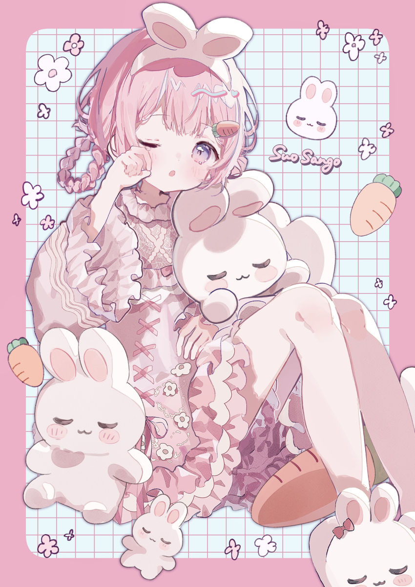 1girl :3 ;o absurdres animal_ears aqua_background blush braid braided_hair_rings carrot_hair_ornament dress flower food-themed_hair_ornament grid_background hair_ornament hair_rings hairband highres knees knees_up long_hair long_sleeves looking_at_viewer nijisanji one_eye_closed open_mouth pink_background pink_dress pink_eyes pink_hair pink_ribbon rabbit_ears ribbon rubbing_eyes slippers solo stuffed_animal stuffed_carrot stuffed_rabbit stuffed_toy suo_sango suo_sango_(2nd_costume) tearing_up thighs tobun_sub virtual_youtuber white_hairband white_slippers