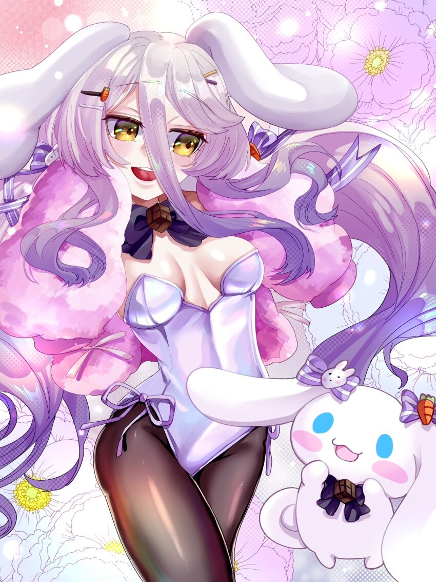 1girl animal_ears black_pantyhose breasts carrot_hair_ornament cinnamoroll coat food-themed_hair_ornament fumizuki_kazuhito fur_coat fuwa_fuwa_cinnamoroll grey_hair hair_ornament hairpin henya_the_genius highres leotard long_bangs long_hair multicolored_hair pantyhose playboy_bunny purple_hair rabbit_ears rabbit_girl rabbit_tail sanrio small_breasts smile solo strapless strapless_leotard streaked_hair tail very_long_hair virtual_youtuber vshojo white_leotard yellow_eyes