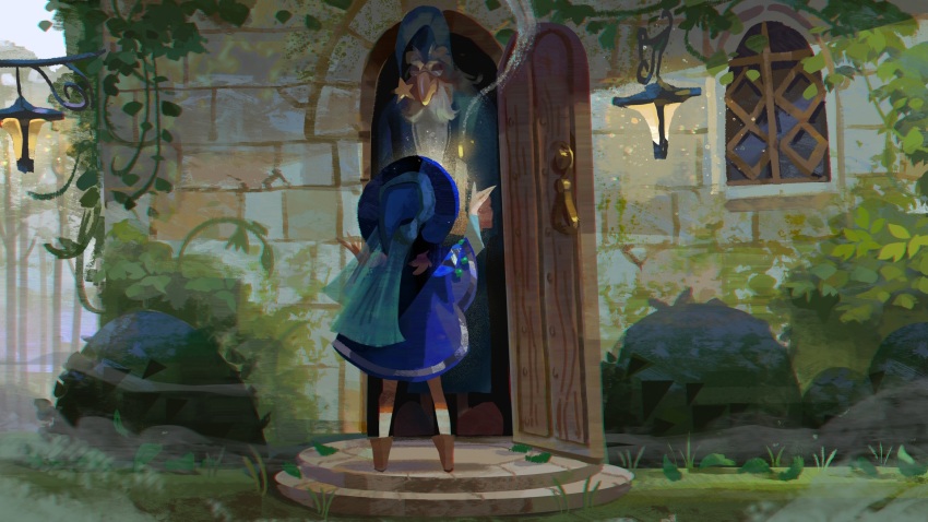 architecture beard boots building candle door entrance european_architecture facial_hair fog foliage grass hat highres jenishiiarts long_beard long_sleeves moss original outdoors plant robe rock star_(symbol) stone_wall tree very_long_beard vines wall_lamp witch witch_hat