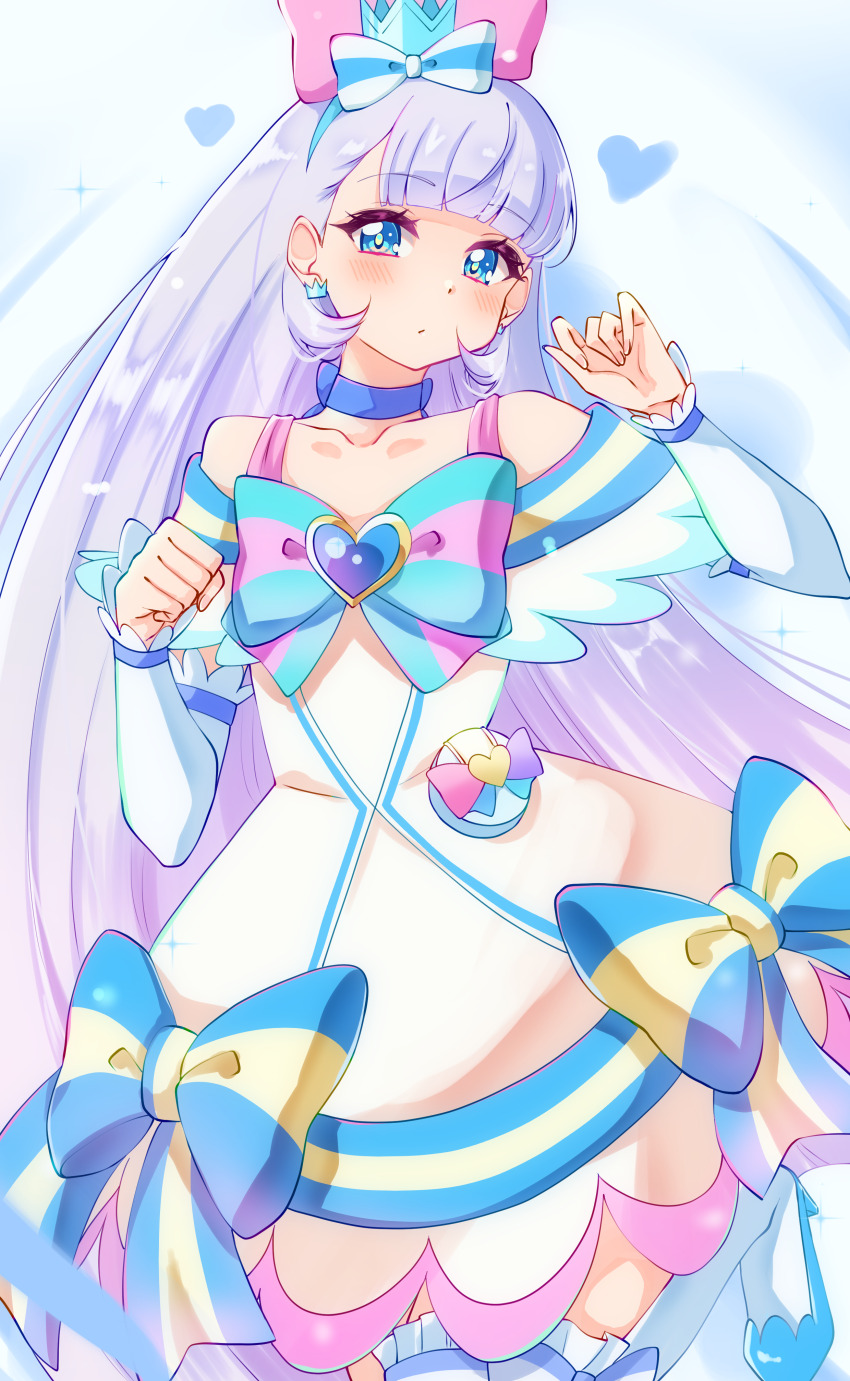1girl absurdres aqua_bow aqua_bowtie blue_bow blue_choker blue_crown blue_eyes blue_hairband blunt_bangs bow bowtie brooch choker commentary cowboy_shot crown crown_earrings cure_nyammy dress dress_bow earrings frilled_thighhighs frills gloves hair_bow hairband half_gloves heart heart_brooch highres jewelry light_frown long_hair looking_at_viewer magical_girl medium_dress mini_crown nekoyashiki_yuki off-shoulder_dress off_shoulder open_mouth pink_bow pointed_crown pouch precure smile solo standing straight_hair sugimura_mickey thighhighs very_long_hair white_dress white_gloves white_hair white_thighhighs wonderful_precure!