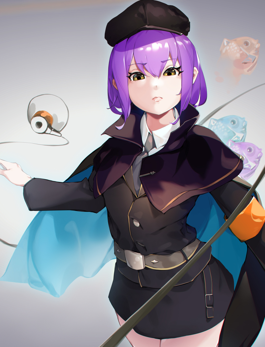 1girl armband beji-kun black_cape black_hat black_jacket black_skirt blue_cape cape closed_mouth collared_shirt commentary_request cookie_(touhou) cowboy_shot food geru_futota grey_background grey_necktie hair_between_eyes hat highres jacket long_sleeves looking_at_viewer megaphone military military_uniform miniskirt necktie peaked_cap purple_hair remilia_scarlet shirt short_hair skirt solo taiyaki touhou two-sided_cape two-sided_fabric wagashi white_shirt yellow_eyes
