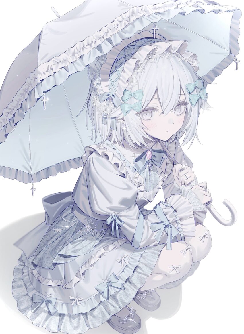 1girl full_body highres hinomiya_shiyou_(ly05yy) holding holding_umbrella long_hair looking_to_the_side mary_janes original shadow shoes solo squatting umbrella white_background white_eyes white_hair white_headdress