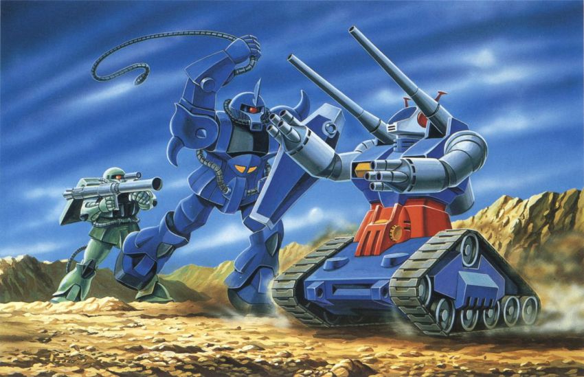 battle cloud desert gouf gundam guntank heat_rod mecha mobile_suit_gundam no_humans official_art outdoors robot rocket_launcher scan shield sky weapon zaku zaku_ii