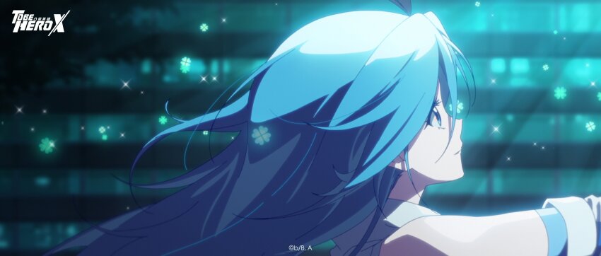1girl absurdres anime_screenshot blue_hair chinese_commentary clover commentary_request copyright_logo elbow_gloves gloves green_eyes hair_flowing_over highres hood hood_down hoodie light_rays logo long_hair lucky_cyan_(to_be_hero_x) night official_art outstretched_arm reaching solo to_be_hero to_be_hero_x upper_body white_gloves white_hoodie