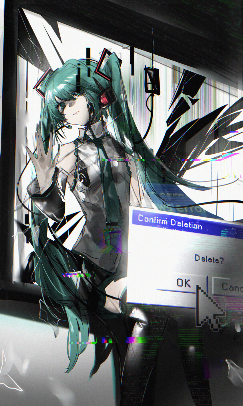 1girl absurdres aqua_eyes aqua_hair aqua_necktie bare_shoulders black_skirt broken_screen choice commentary_request cursor detached_sleeves feet_out_of_frame glitch grey_shirt hair_between_eyes hair_ornament hatsune_miku hatsune_miku_no_shoushitsu_(vocaloid) headphones headset highres long_hair looking_at_viewer milbi monitor necktie shirt sitting skirt sleeveless sleeveless_shirt solo through_medium through_screen twintails user_interface very_long_hair vocaloid window_(computing)