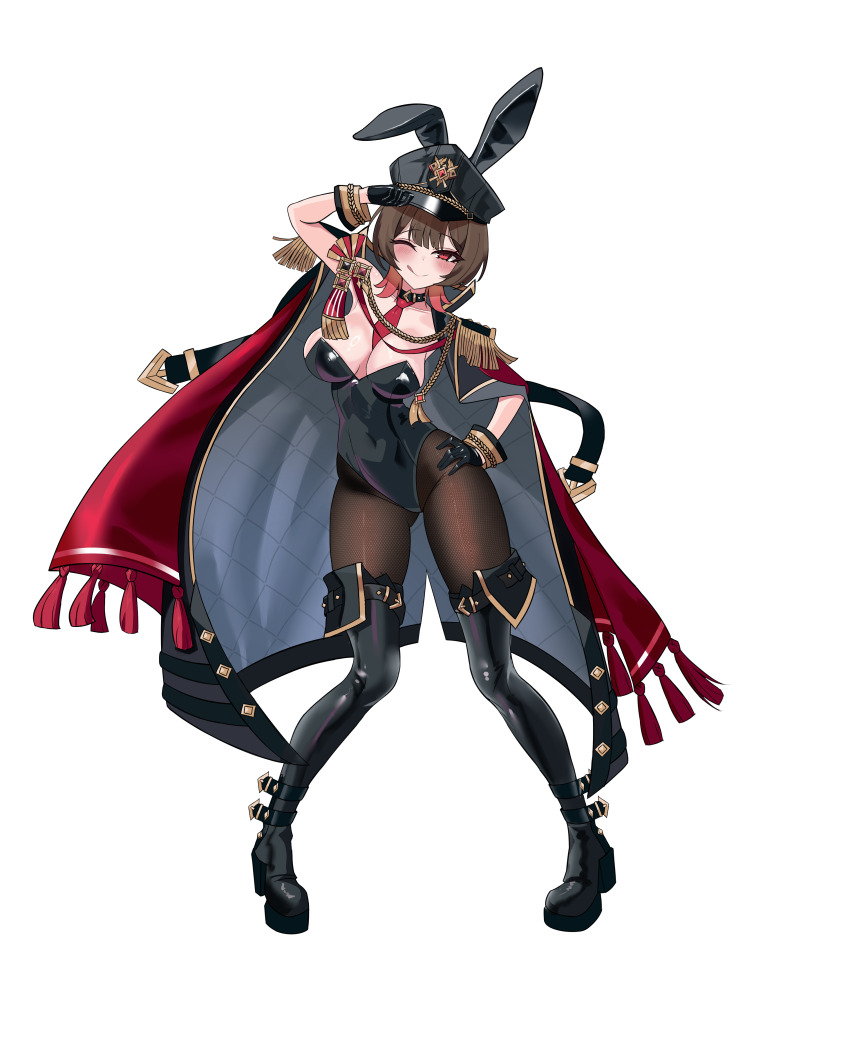 1girl :q absurdres aiguillette animal_ears arm_up black_boots black_choker black_coat black_gloves black_hat black_survival boots breasts brown_hair brown_pantyhose choker cleavage closed_mouth coat coat_on_shoulders covered_navel estelle_(black_survival) eternal_return:_black_survival fake_animal_ears full_body gloves gluteal_fold hand_on_own_hip hat highleg highleg_leotard highres large_breasts leotard looking_at_viewer medium_hair multicolored_hair necktie one_eye_closed p_chemistry pantyhose peaked_cap playboy_bunny rabbit_ears red_eyes red_necktie simple_background smile solo thigh_boots tongue tongue_out two-tone_hair white_background