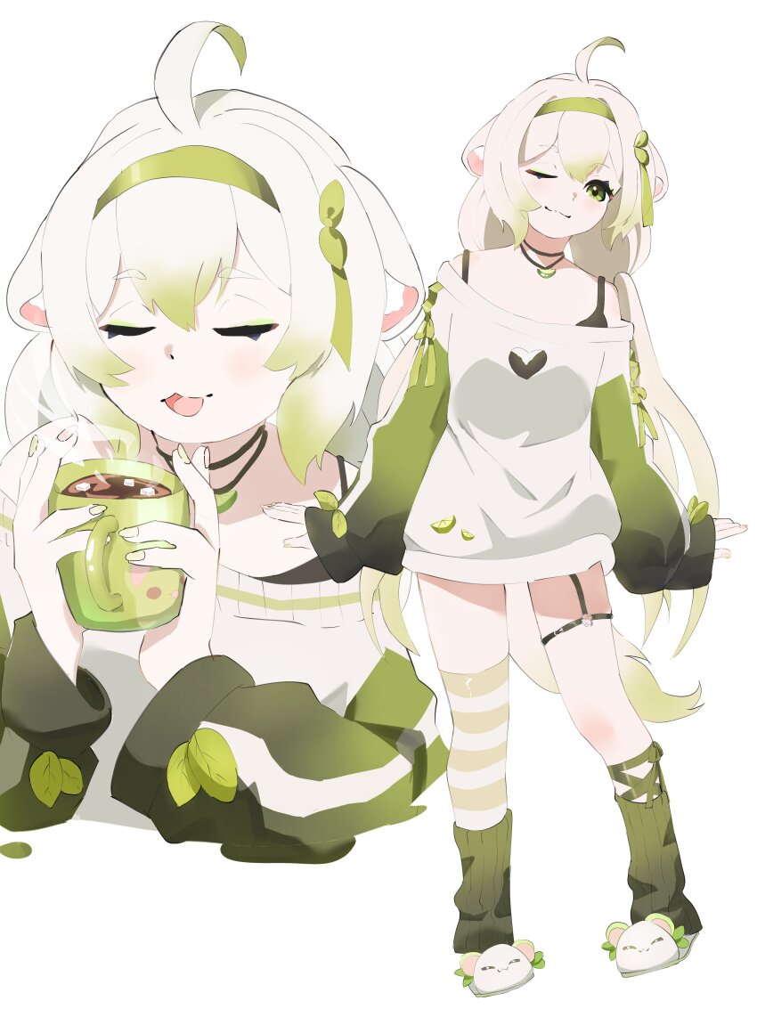;3 absurdres ahoge animal_ears asymmetrical_legwear bare_shoulders bra chattdraws cup ferret ferret_ears ferret_girl ferret_tail food fruit full_body gradient_hair green_hair green_hairband hairband head_tilt highres holding holding_cup hot_chocolate indie_virtual_youtuber jewelry laimu_(vtuber) laimu_(cozy)_(vtuber) leaf light_smile lime_(fruit) lime_slice looking_at_viewer mismatched_legwear mug multicolored_hair multiple_pov multiple_views necklace no_pants one_eye_closed pov ribbon simple_background sleeves_past_fingers sleeves_past_wrists socks steam sweater tail thigh_strap thighhighs two-tone_hair underwear upper_body uwu vinesauce virtual_youtuber white_background white_hair