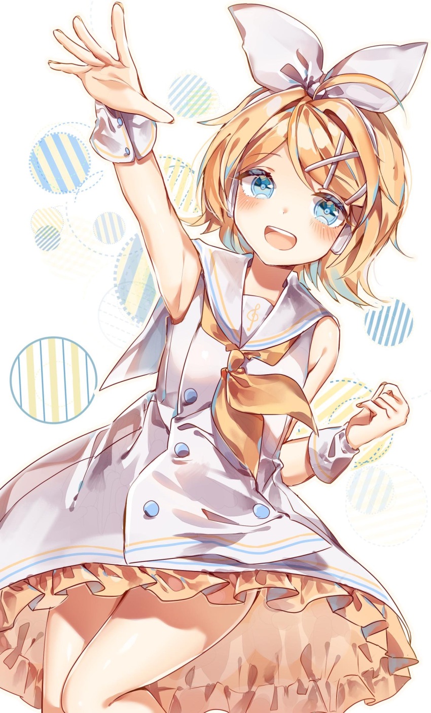 1girl ahoge arm_up ayatsuki_sugure blonde_hair blue_eyes bow_hairband dress frilled_dress frills hair_ornament hairband hairclip headphones highres kagamine_rin looking_at_viewer neckerchief open_mouth sailor_collar sailor_dress short_hair smile solo sour_model_(mikumikudance) vocaloid wrist_cuffs x_hair_ornament