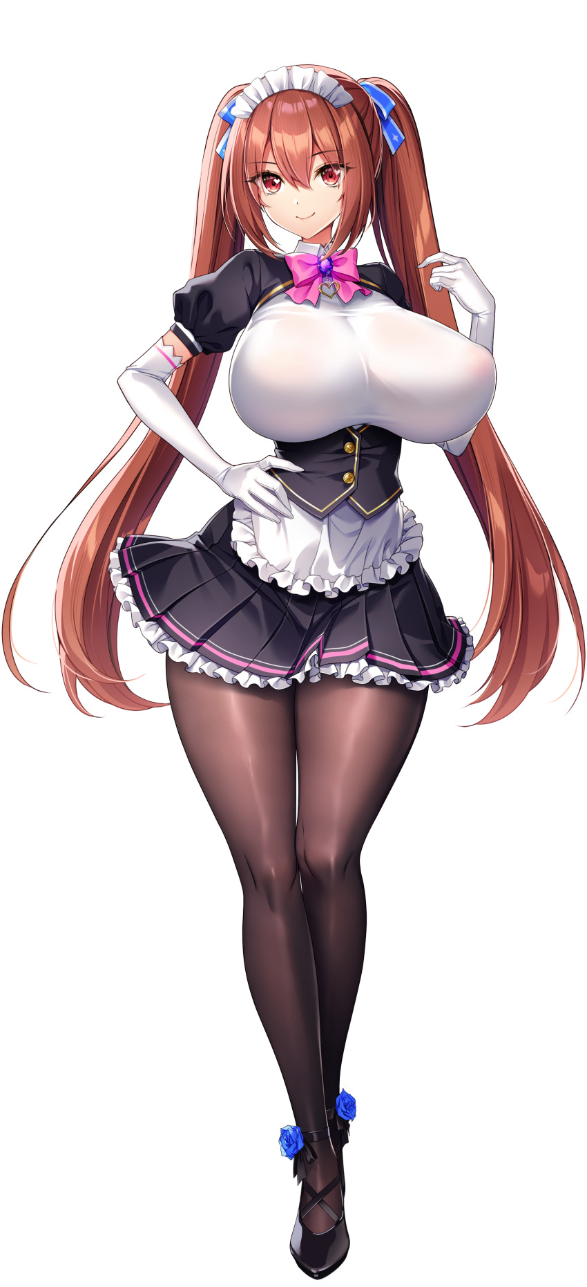 1girl absurdres akagi_rio apron arm_up black_pantyhose blue_ribbon bow bowtie breasts brown_hair collar_jewel elbow_gloves femme_de_menage_maid_academy_uniform flower footwear_flower frilled_apron frills full_body game_cg gem gloves hair_ribbon hand_on_own_hip heart heart_in_eye high_heels highres huge_breasts long_hair look-alike looking_at_viewer maid maid_apron maid_headdress milk_factory motto!_haramase!_honoo_no_oppai_isekai_oppai_maid_gakuen! myoudou_mei non-web_source official_art pantyhose pink_bow pink_bowtie purple_brooch purple_gemstone red_eyes ribbon sidelocks solo sprite standing symbol_in_eye tachi-e transparent_background twintails waist_apron white_gloves