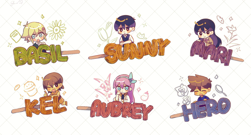 2girls 4boys alternate_costume antenna_hair aubrey_(faraway)_(omori) aubrey_(omori) basil_(faraway)_(omori) basil_(omori) black_eyes black_hair black_sweater_vest blonde_hair blue_eyes blue_hairband blue_sweater blush bright_pupils brown_eyes character_name chibi chibi_only closed_eyes closed_mouth collared_shirt dark-skinned_male dark_skin flower genk1zam4s green_sweater_vest hair_flower hair_ornament hairband hero_(faraway)_(omori) hero_(omori) jacket kel_(faraway)_(omori) kel_(omori) long_hair long_sleeves looking_at_viewer mari_(faraway)_(omori) mari_(omori) multiple_boys multiple_girls omori one_eye_closed open_mouth orange_shoes orange_shorts parted_lips pink_hair shirt shoes short_hair short_sleeves shorts smile sneakers sunny_(omori) sweater sweater_vest thumbs_up white_jacket white_pupils white_shirt