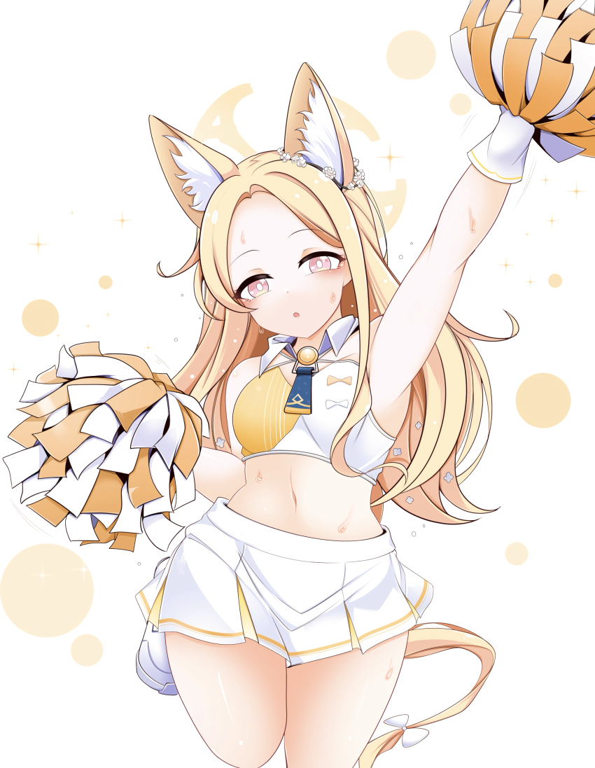 1girl absurdres alternate_costume animal_ear_fluff animal_ears armpits blue_archive breasts cheerleader crop_top fox_ears fox_girl fox_tail highres kagayai_akira miniskirt navel pom_pom_(clothes) seia_(blue_archive) skirt small_breasts solo tail thighs white_background white_skirt
