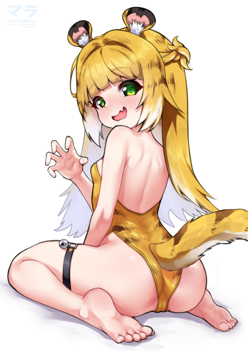 1girl absurdres animal_ear_fluff animal_ears ass back backless_leotard barefoot bell blonde_hair cameltoe claw_pose colored_inner_hair commentary fang feet from_behind full_body green_eyes highleg highleg_leotard highres jingle_bell ju_fufu leotard loli long_hair looking_at_viewer looking_back matsumaramara multicolored_hair open_mouth simple_background sitting skin_fang soles solo strapless strapless_leotard tail thigh_strap tiger_ears tiger_girl tiger_tail toes wariza white_background white_hair yellow_leotard zenless_zone_zero